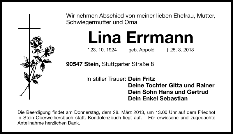  Traueranzeige für Lina Errmann vom 26.03.2013 aus Gesamtausgabe Nürnberger Nachrichten/ Nürnberger Ztg.