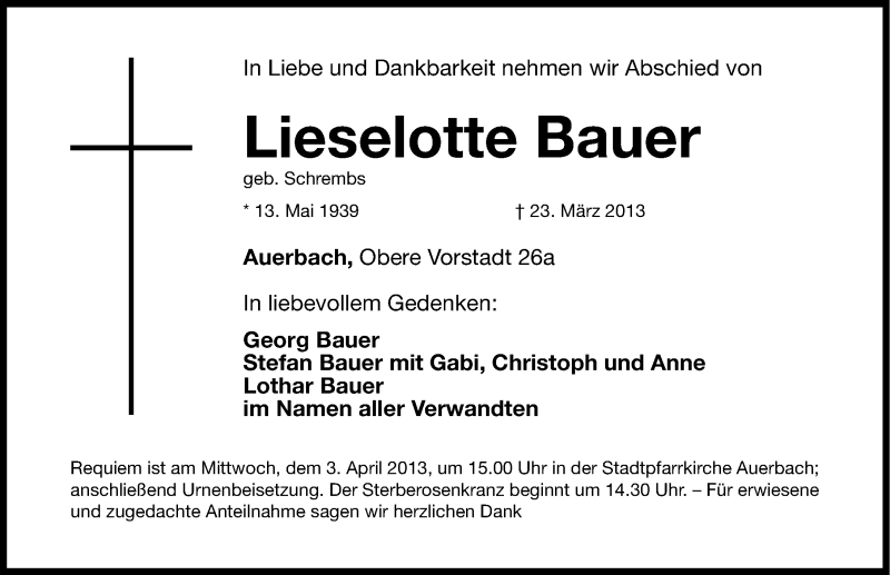  Traueranzeige für Lieselotte Bauer vom 28.03.2013 aus Nordbayerische Nachrichten Pegnitz Lokal