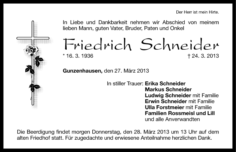  Traueranzeige für Friedrich Schneider vom 27.03.2013 aus Altmühl-Bote Lokal