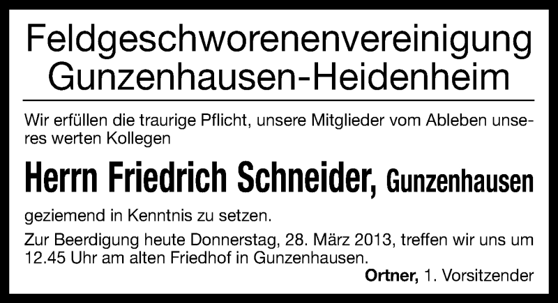  Traueranzeige für Friedrich Schneider vom 28.03.2013 aus Altmühl-Bote Lokal