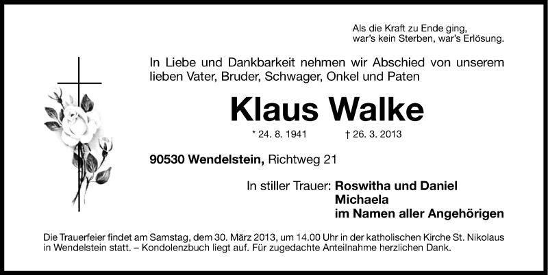  Traueranzeige für Klaus Walke vom 28.03.2013 aus Gesamtausgabe Nürnberger Nachrichten/ Nürnberger Ztg.