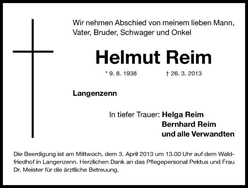  Traueranzeige für Helmut Reim vom 28.03.2013 aus Fürther Nachrichten Lokal