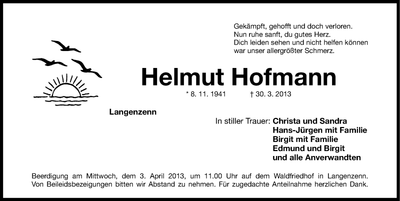  Traueranzeige für Helmut Hofmann vom 02.04.2013 aus Fürther Nachrichten Lokal