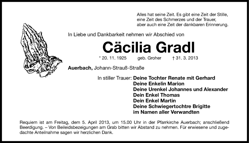  Traueranzeige für Cäcilia Gradl vom 02.04.2013 aus Nordbayerische Nachrichten Pegnitz Lokal
