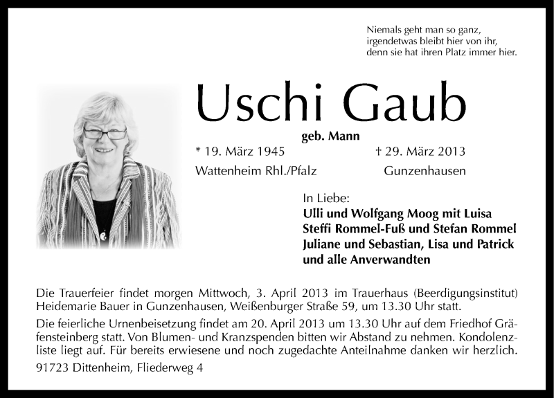  Traueranzeige für Uschi Gaub vom 02.04.2013 aus Altmühl-Bote Lokal