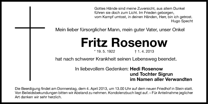  Traueranzeige für Fritz Rosenow vom 03.04.2013 aus Gesamtausgabe Nürnberger Nachrichten/ Nürnberger Ztg.