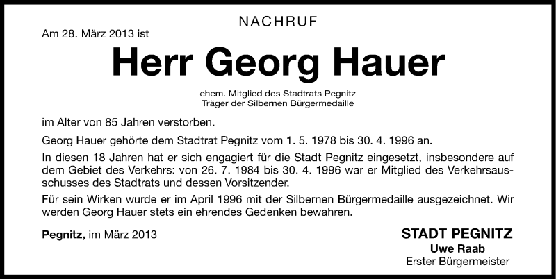  Traueranzeige für Georg Hauer vom 03.04.2013 aus Nordbayerische Nachrichten Pegnitz Lokal