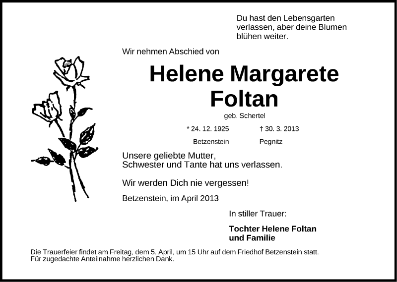  Traueranzeige für Helene Margarete Foltan vom 03.04.2013 aus Nordbayerische Nachrichten Pegnitz Lokal