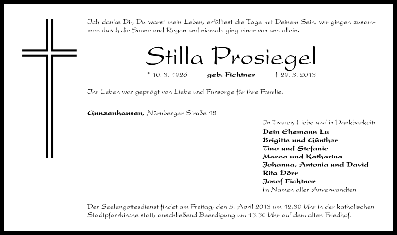  Traueranzeige für Stilla Prosiegel vom 03.04.2013 aus Altmühl-Bote Lokal