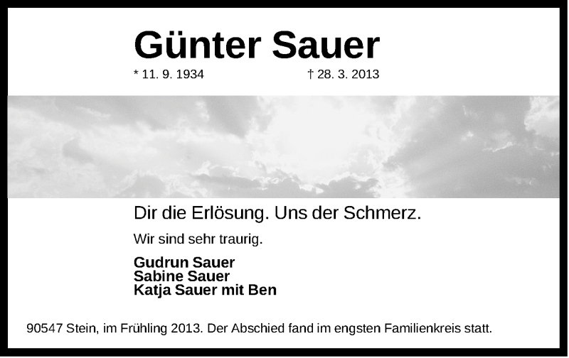  Traueranzeige für Günter Sauer vom 04.04.2013 aus Gesamtausgabe Nürnberger Nachrichten/ Nürnberger Ztg.