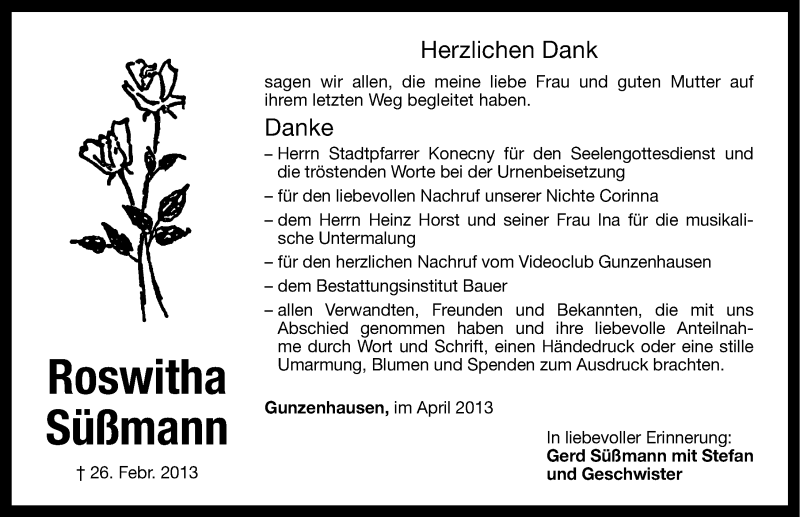  Traueranzeige für Roswitha Süßmann vom 04.04.2013 aus Altmühl-Bote Lokal