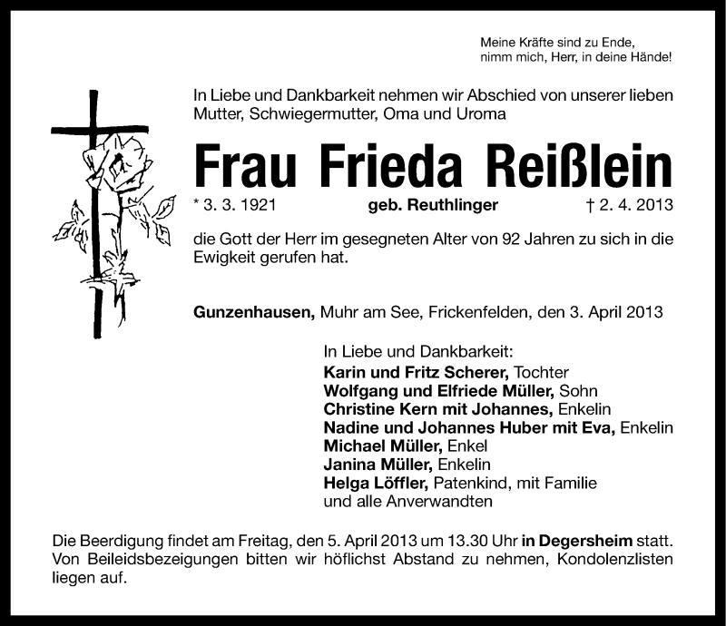  Traueranzeige für Frieda Reißlein vom 03.04.2013 aus Altmühl-Bote Lokal