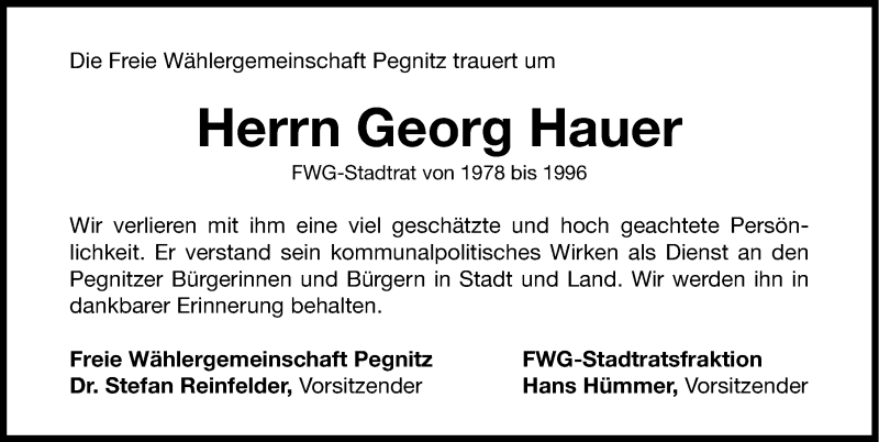  Traueranzeige für Georg Hauer vom 03.04.2013 aus Nordbayerische Nachrichten Pegnitz Lokal