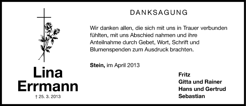  Traueranzeige für Lina Errmann vom 06.04.2013 aus Gesamtausgabe Nürnberger Nachrichten/ Nürnberger Ztg.