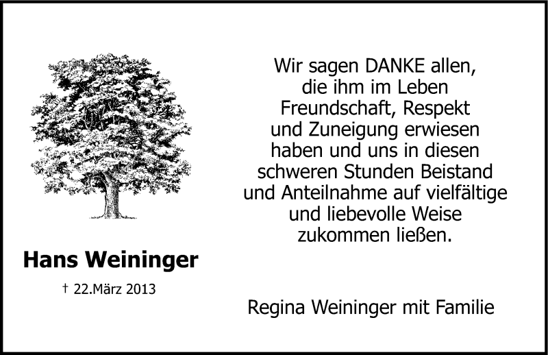  Traueranzeige für Hans Weininger vom 06.04.2013 aus Nordbayerische Nachrichten Pegnitz Lokal