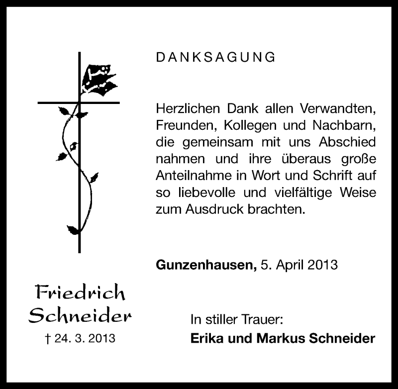  Traueranzeige für Friedrich Schneider vom 05.04.2013 aus Altmühl-Bote Lokal