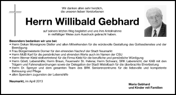 Traueranzeige von Willibald Gebhard von Neumarkter Nachrichten Lokal