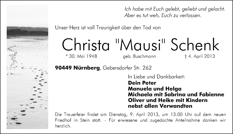  Traueranzeige für Christa Schenk vom 05.04.2013 aus Gesamtausgabe Nürnberger Nachrichten/ Nürnberger Ztg.