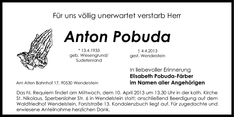 Traueranzeige für Anton Pobuda vom 06.04.2013 aus Gesamtausgabe Nürnberger Nachrichten/ Nürnberger Ztg.