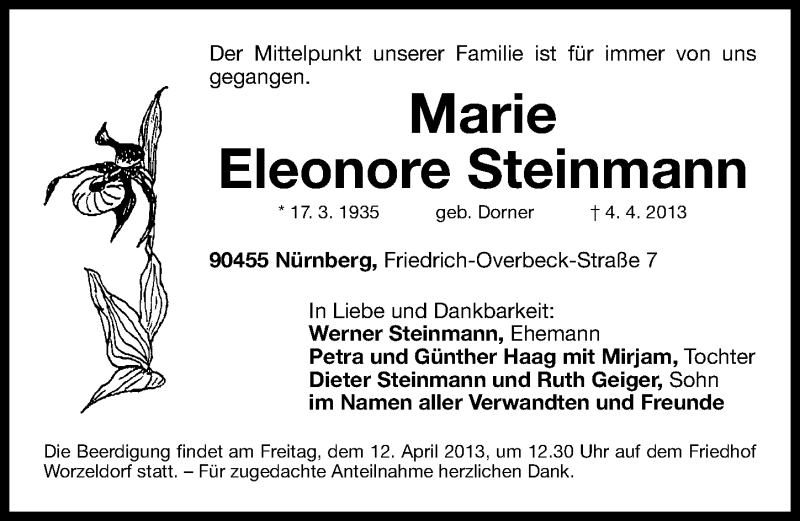  Traueranzeige für Marie Eleonore Steinmann vom 10.04.2013 aus Gesamtausgabe Nürnberger Nachrichten/ Nürnberger Ztg.