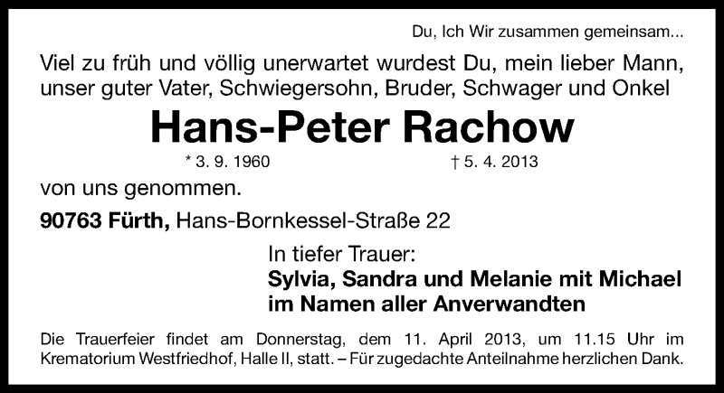  Traueranzeige für Hans-Peter Rachow vom 08.04.2013 aus Gesamtausgabe Nürnberger Nachrichten/ Nürnberger Ztg.