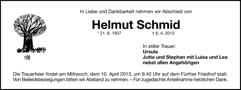  Traueranzeige für Helmut Schmid vom 08.04.2013 aus Gesamtausgabe Nürnberger Nachrichten/ Nürnberger Ztg.