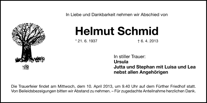  Traueranzeige für Helmut Schmid vom 08.04.2013 aus Fürther Nachrichten Lokal
