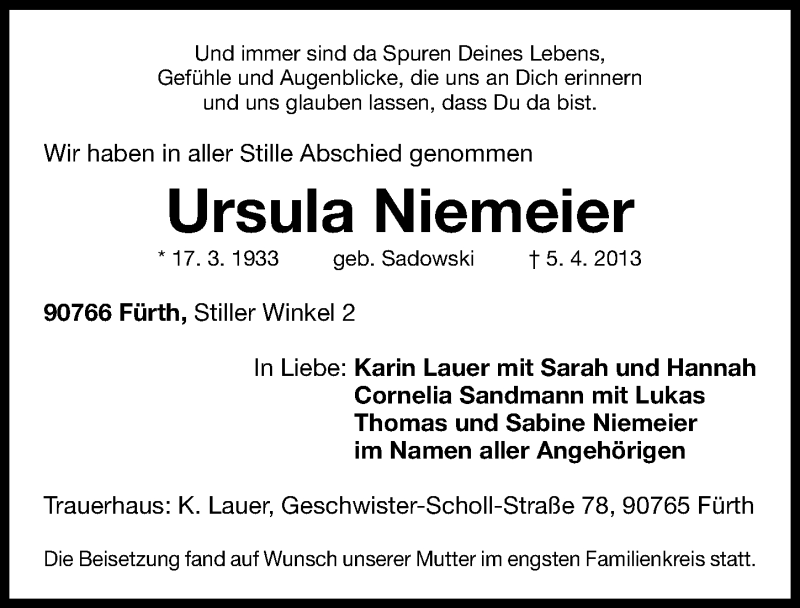  Traueranzeige für Ursula Niemeier vom 17.04.2013 aus Gesamtausgabe Nürnberger Nachrichten/ Nürnberger Ztg.