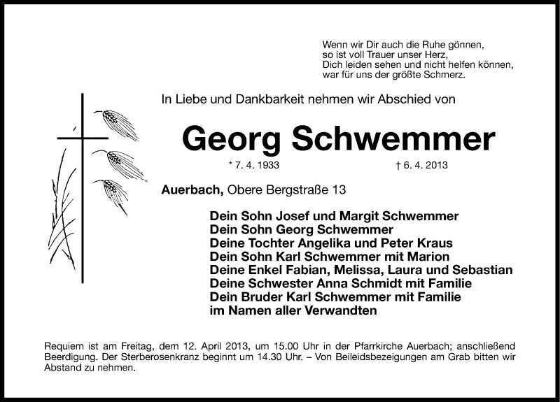  Traueranzeige für Georg Schwemmer vom 09.04.2013 aus Nordbayerische Nachrichten Pegnitz Lokal