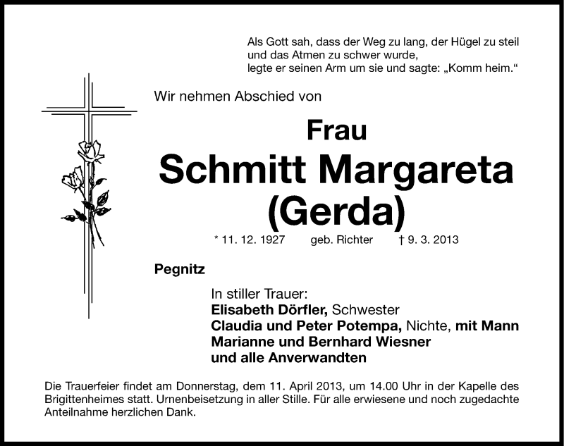  Traueranzeige für Margareta Schmitt vom 09.04.2013 aus Nordbayerische Nachrichten Pegnitz Lokal