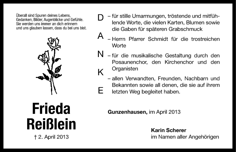 Traueranzeige für Frieda Reißlein vom 13.04.2013 aus Altmühl-Bote Lokal
