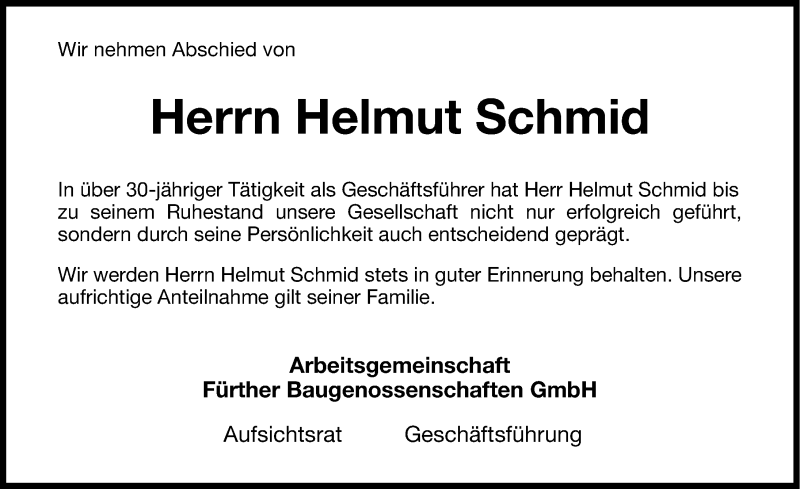  Traueranzeige für Helmut Schmid vom 10.04.2013 aus Gesamtausgabe Nürnberger Nachrichten/ Nürnberger Ztg.