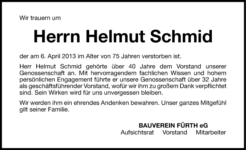  Traueranzeige für Helmut Schmid vom 10.04.2013 aus Gesamtausgabe Nürnberger Nachrichten/ Nürnberger Ztg.