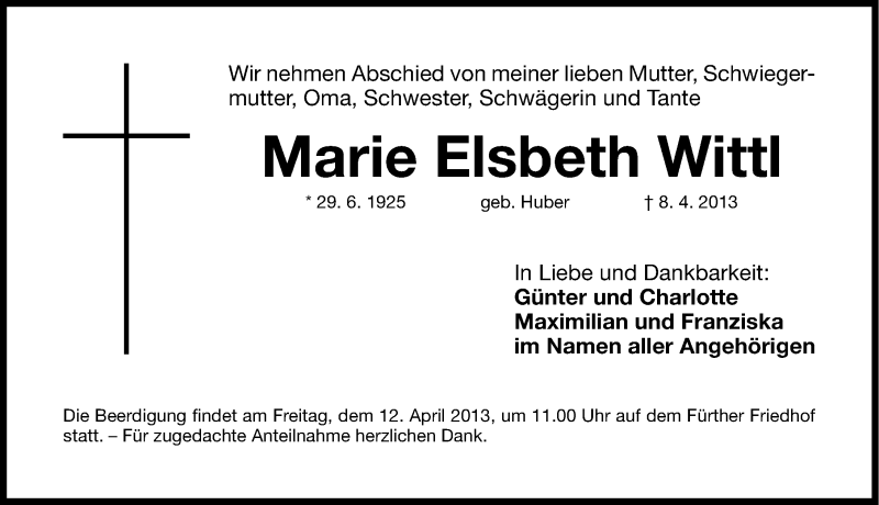  Traueranzeige für Marie Elsbeth Wittl vom 10.04.2013 aus Fürther Nachrichten Lokal