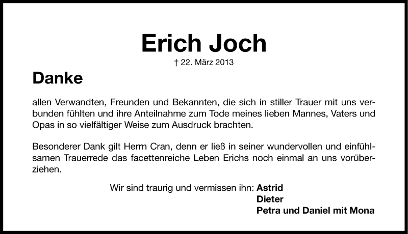  Traueranzeige für Erich Joch vom 13.04.2013 aus Gesamtausgabe Nürnberger Nachrichten/ Nürnberger Ztg.