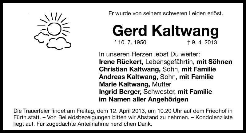  Traueranzeige für Gerd Kaltwang vom 10.04.2013 aus Fürther Nachrichten Lokal