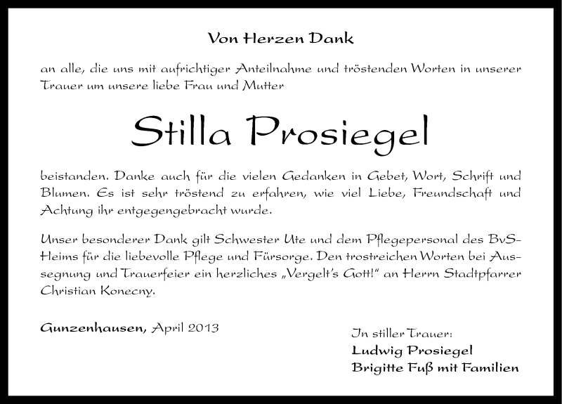  Traueranzeige für Stilla Prosiegel vom 12.04.2013 aus Altmühl-Bote Lokal
