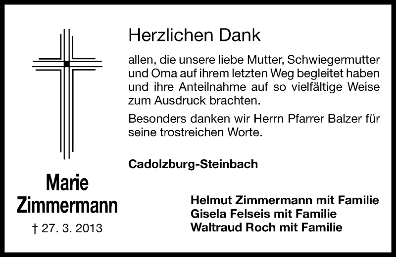  Traueranzeige für Marie Zimmermann vom 13.04.2013 aus Fürther Nachrichten Lokal