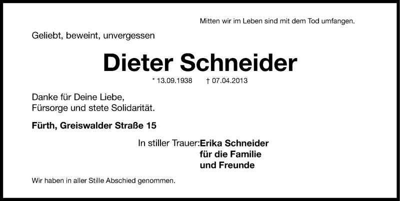  Traueranzeige für Dieter Schneider vom 13.04.2013 aus Fürther Nachrichten Lokal