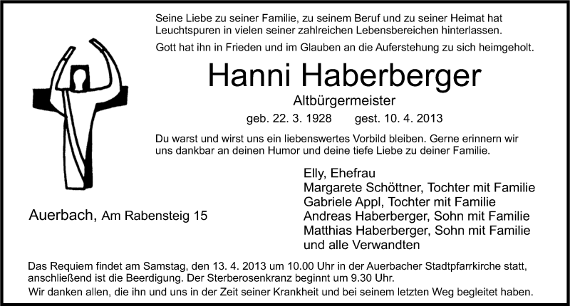  Traueranzeige für Johann Hanni Haberberger vom 12.04.2013 aus Nordbayerische Nachrichten Pegnitz Lokal