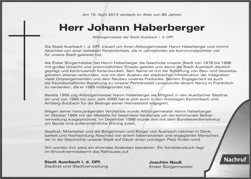  Traueranzeige für Johann Hanni Haberberger vom 12.04.2013 aus Nordbayerische Nachrichten Pegnitz Lokal