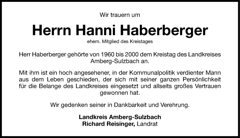  Traueranzeige für Johann Hanni Haberberger vom 12.04.2013 aus Nordbayerische Nachrichten Pegnitz Lokal