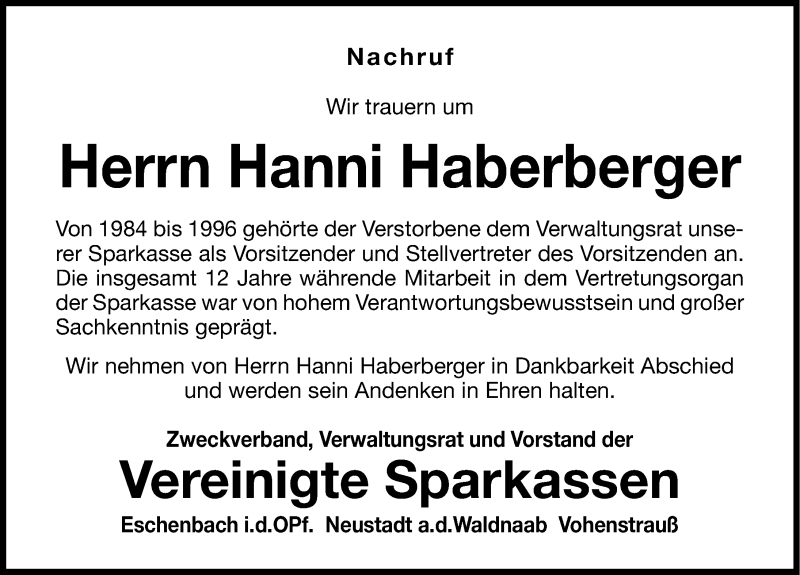  Traueranzeige für Johann Hanni Haberberger vom 13.04.2013 aus Nordbayerische Nachrichten Pegnitz Lokal