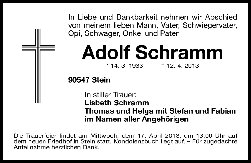  Traueranzeige für Adolf Schramm vom 13.04.2013 aus Gesamtausgabe Nürnberger Nachrichten/ Nürnberger Ztg.