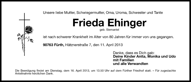  Traueranzeige für Frieda Ehinger vom 13.04.2013 aus Fürther Nachrichten Lokal