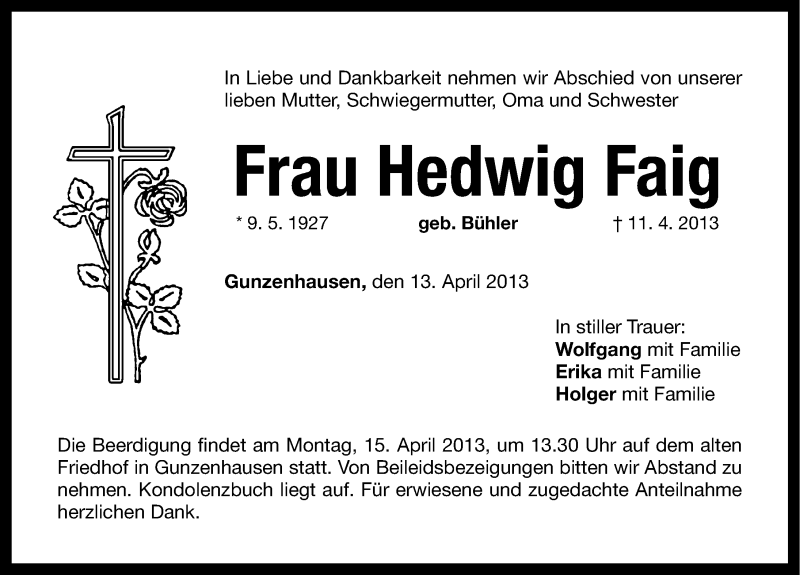  Traueranzeige für Hedwig Faig vom 13.04.2013 aus Altmühl-Bote Lokal