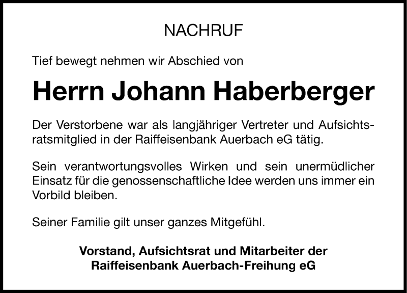  Traueranzeige für Johann Hanni Haberberger vom 13.04.2013 aus Nordbayerische Nachrichten Pegnitz Lokal