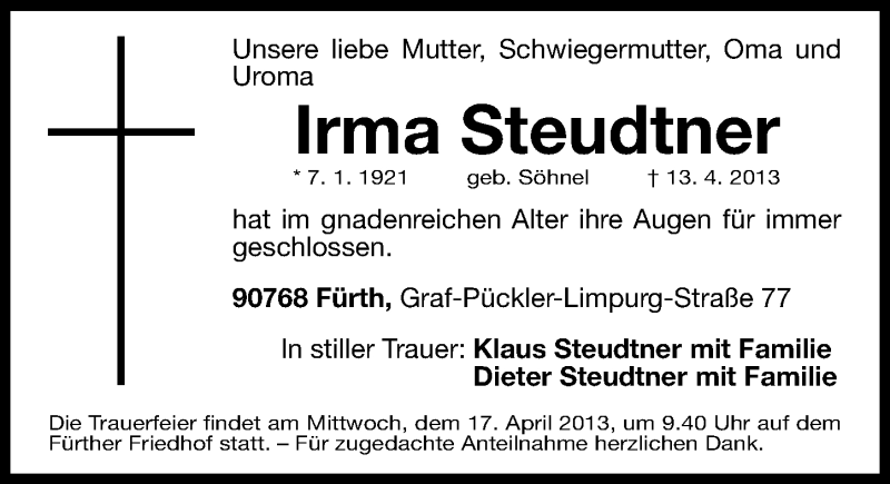  Traueranzeige für Irma Steudtner vom 15.04.2013 aus Fürther Nachrichten Lokal