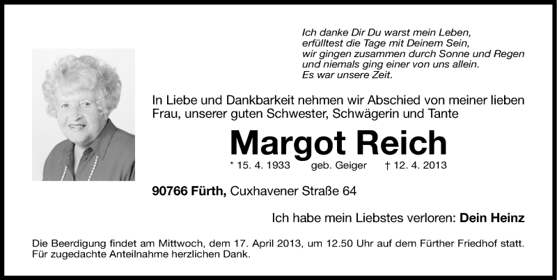  Traueranzeige für Margot Reich vom 16.04.2013 aus Fürther Nachrichten Lokal