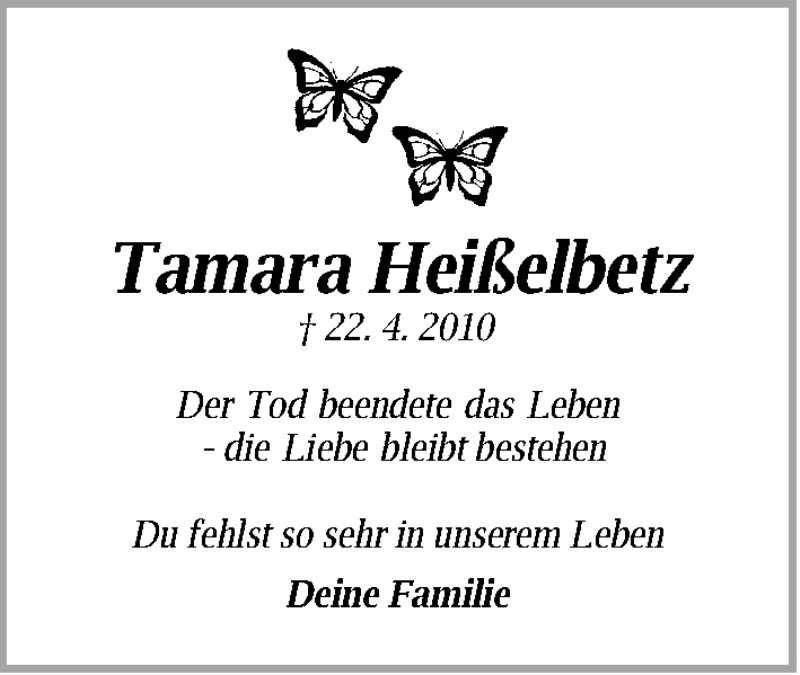  Traueranzeige für Tamara Heißelbetz vom 22.04.2013 aus Gesamtausgabe Nürnberger Nachrichten/ Nürnberger Ztg.